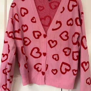33 Degrees Pink Heart Cardigan – Red Heart Print – Cozy Cute Sweater – Size S